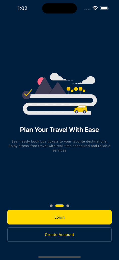 Let's GO - Onboarding screen of the Let's GO app showcasing travel planning and bus ticket booking features.