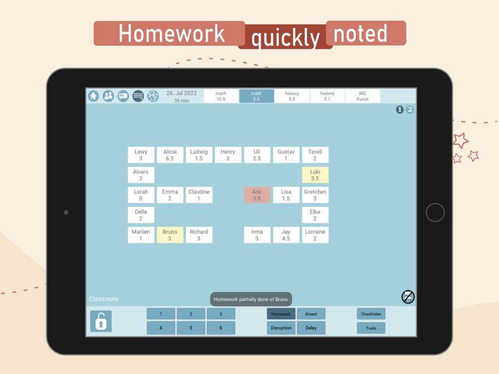 Teachers EasyNote - Teachers EasyNote app interface showing a digital seating plan for recording student homework on an iPad