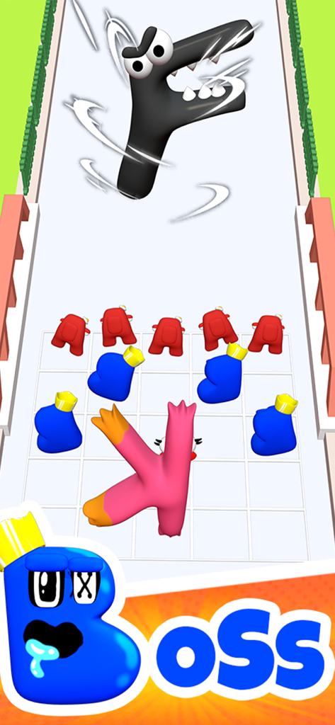 Merge Alphabet Lore A-Z - Boss fight in Merge Alphabet Lore A-Z featuring character letter F and a grid of letter soldiers