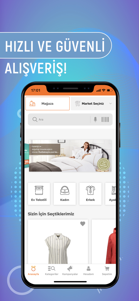 Özdilekteyim mobile app home screen showing shopping categories for home textiles and fashion