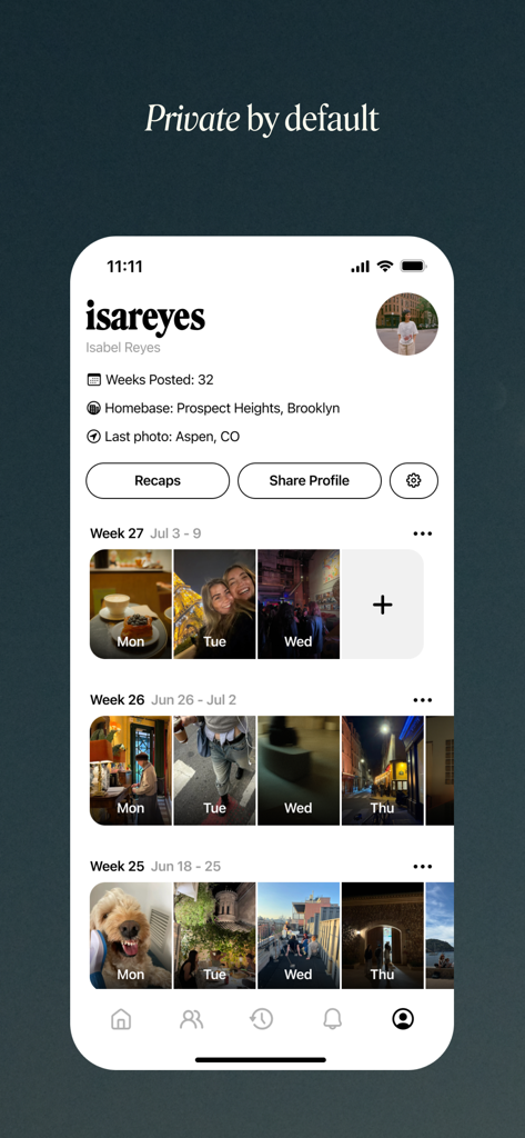 A private user profile on the Retro app showing photos sorted into weekly journals