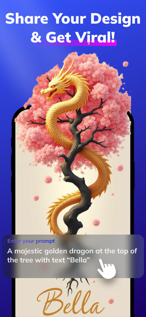 Sketch Logo AI: Logo Maker - A mobile app interface displaying a golden dragon and cherry blossom tree design created using an AI text prompt.
