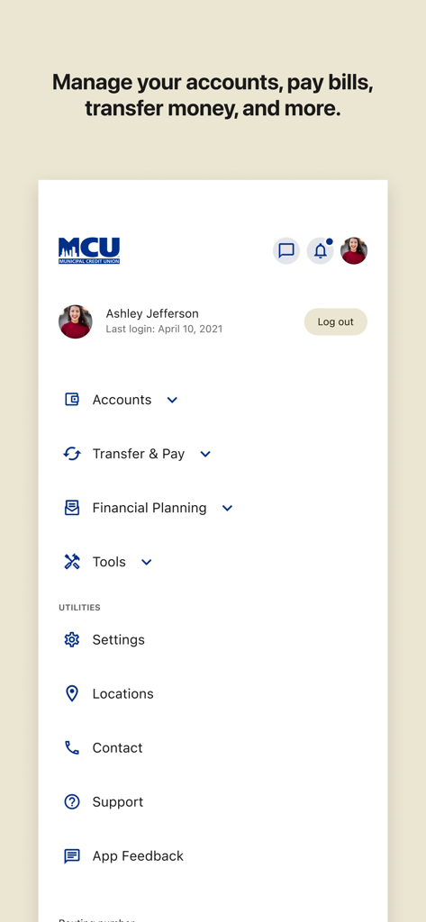 Main menu of the NYMCU mobile banking app showing account management and financial tools.