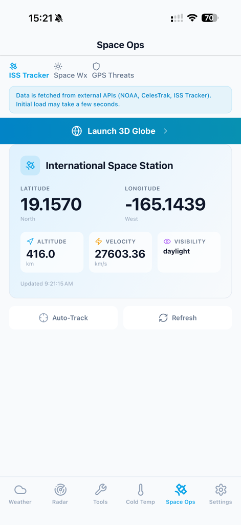 SkyPilot Pro app Space Ops screen displaying International Space Station location and velocity