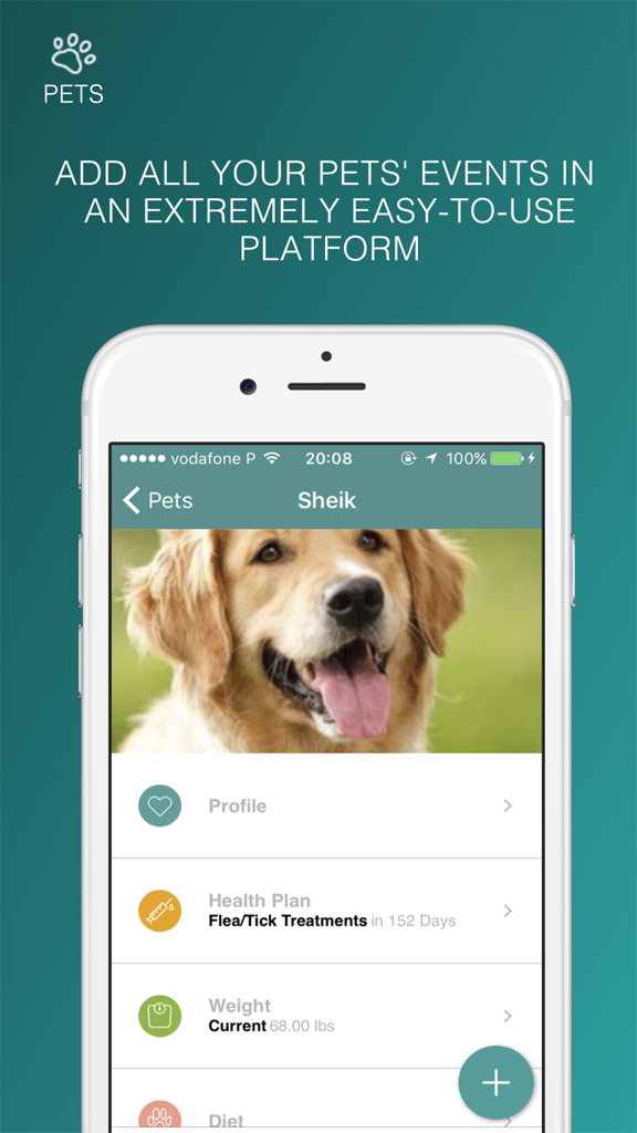 Petable - Petable app interface showing a dog profile with health plan and weight tracking options