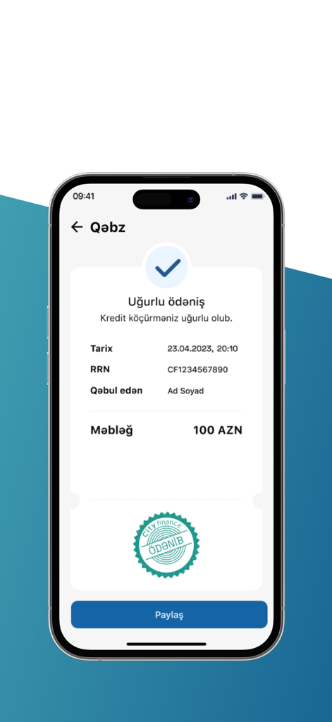 City Finance Mobile - Bildschirm der City Finance Mobile App zeigt eine erfolgreiche Kreditzahlungsquittung in Aserbaidschan.