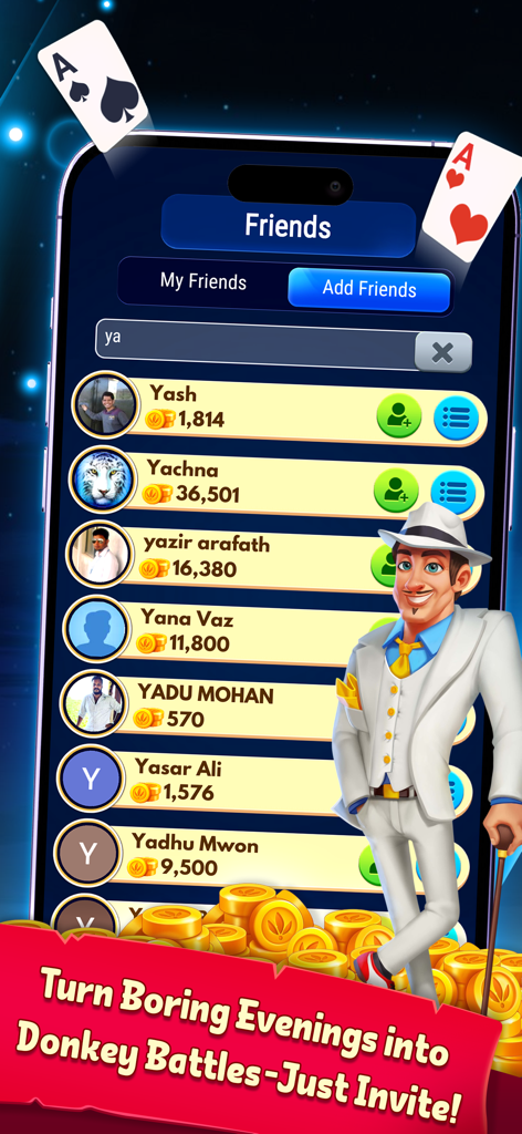 Donkey Multiplayer - Interfaccia del gioco di carte Donkey Multiplayer che mostra un elenco di amici ricercabile e un banner di invito