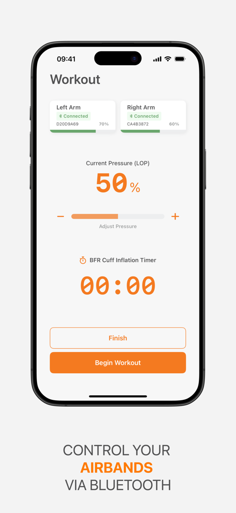 The AirBands mobile app workout screen showing Bluetooth connected cuffs and digital pressure controls.