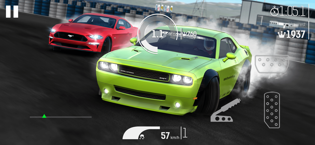 Nitro Nation: Drag Racing - A lime green Dodge Challenger SRT drifting on a race track in Nitro Nation Drag Racing