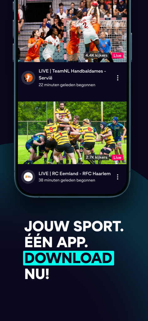 Eyecons app interface on a smartphone showing live sports broadcasts like handball and rugby