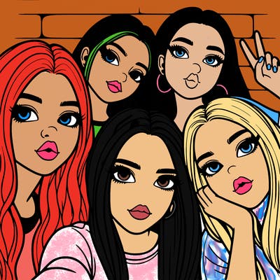 group of teen girls friends y2k up close in a selfie