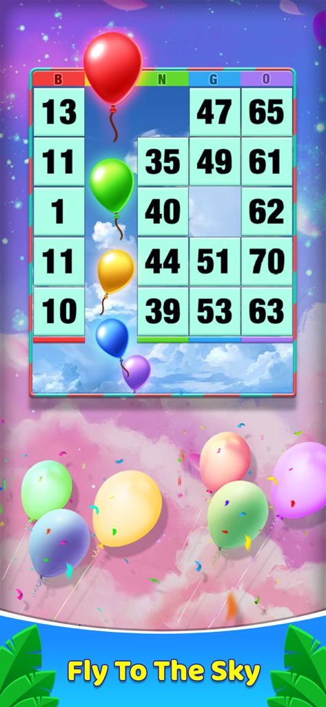 Bingo 365 - 2026 Bingo Games - Bingo 365 Gameplay-Screenshot mit einer Bingo-Karte im Raum 'Fly To The Sky' mit bunten Ballons und rosa Wolken