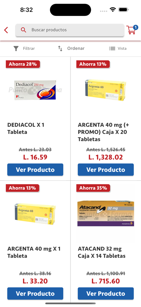 Farmacias Punto Farma - Catálogo de productos de Farmacias Punto Farma mostrando medicamentos con descuento y precios en Lempiras.