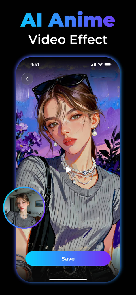 Filmix app screenshot showing the AI anime video effect transforming a selfie into an artistic character