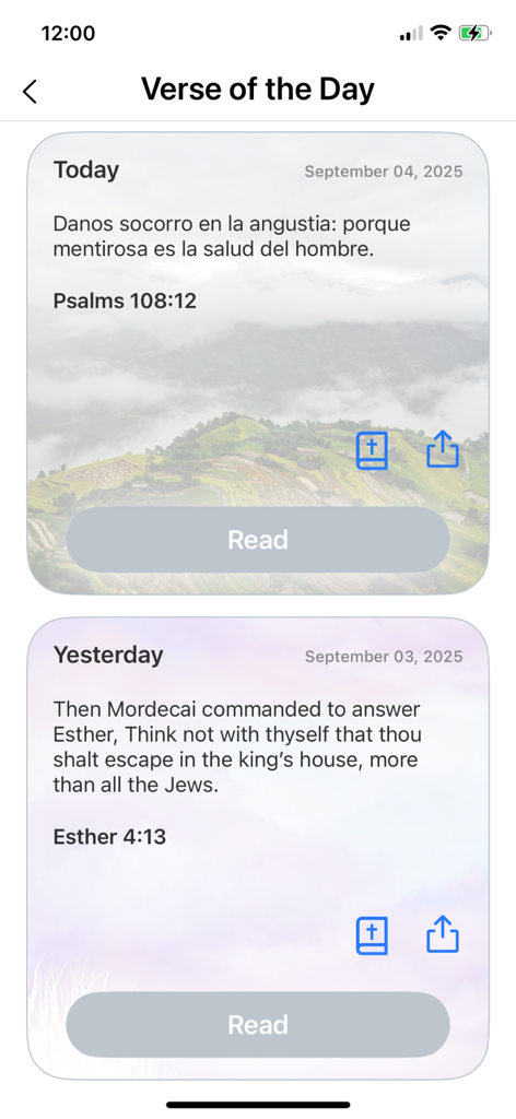 Bible Offline 365 Daily Prayer - Captura de pantalla de la pantalla Versículo del Día que muestra escrituras diarias en versiones española e inglesa.