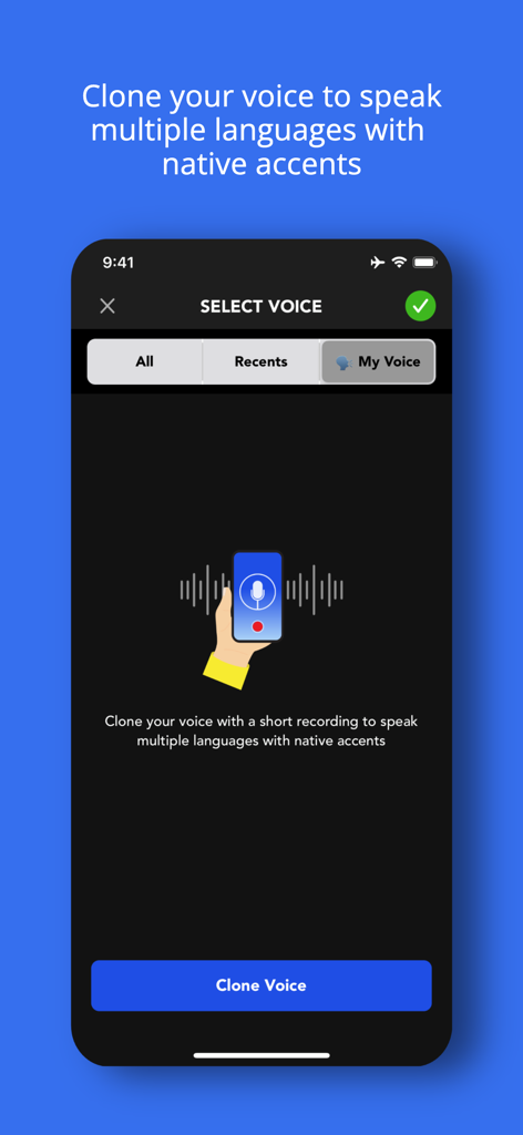 Tela do aplicativo MixVoice demonstrando o recurso de clonagem de voz com IA para narração de vídeo multilíngue
