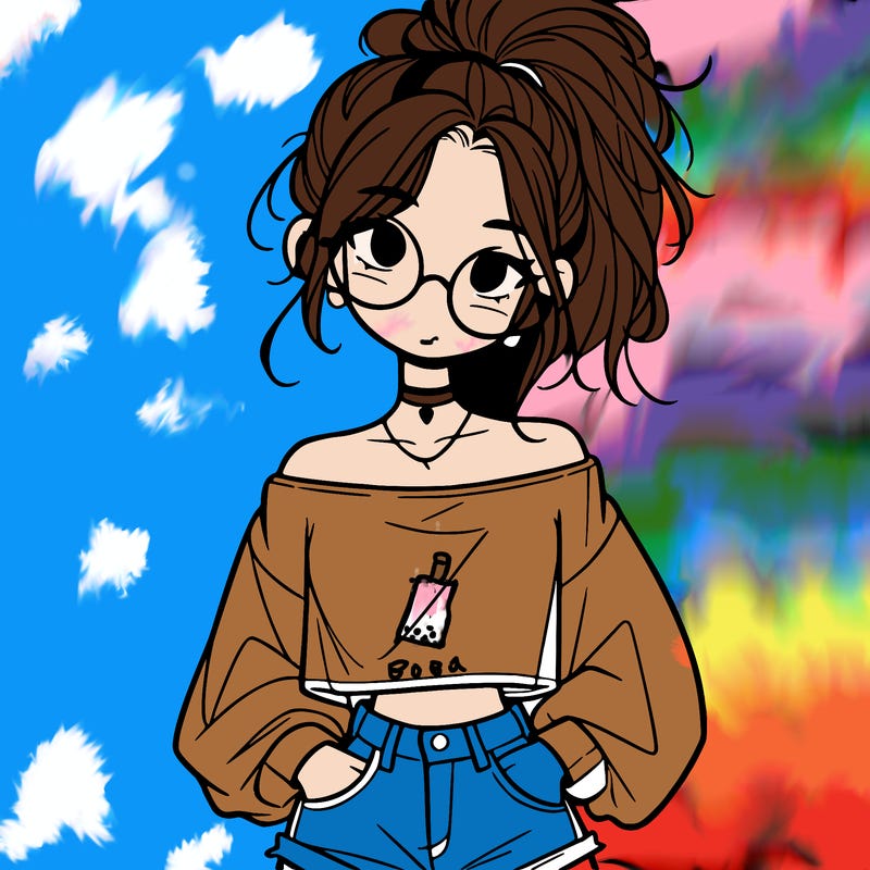 girl with a messy ponytail glasses a baggy crop top and jean shorts