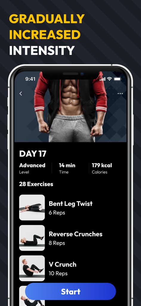 Six Pack in 30 Days - 6 Pack - A smartphone screen displaying a daily advanced workout plan with exercises for building six pack abs.