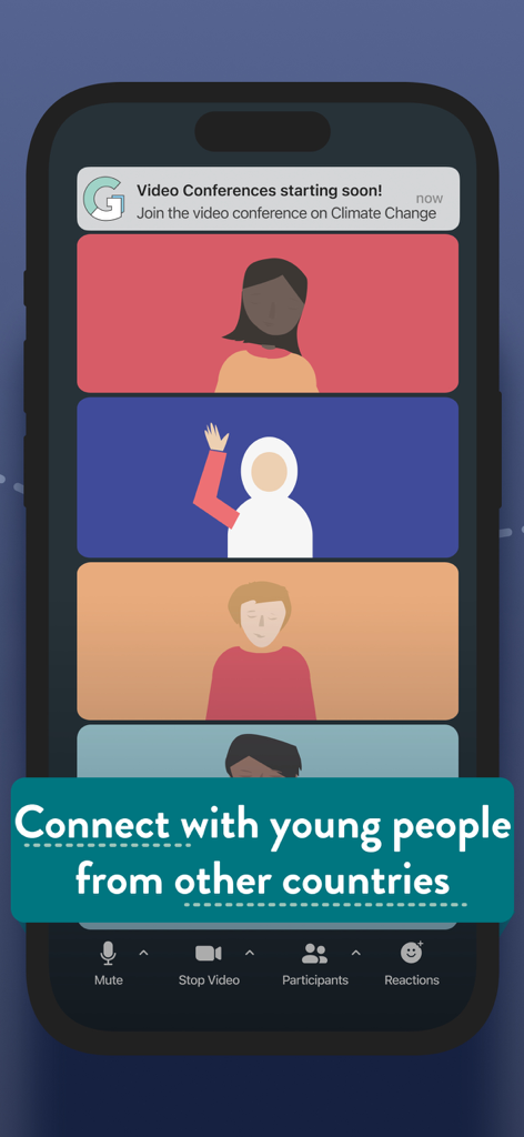 Generation Global - Generation Global app screen showing a video call interface connecting diverse young people from around the world.