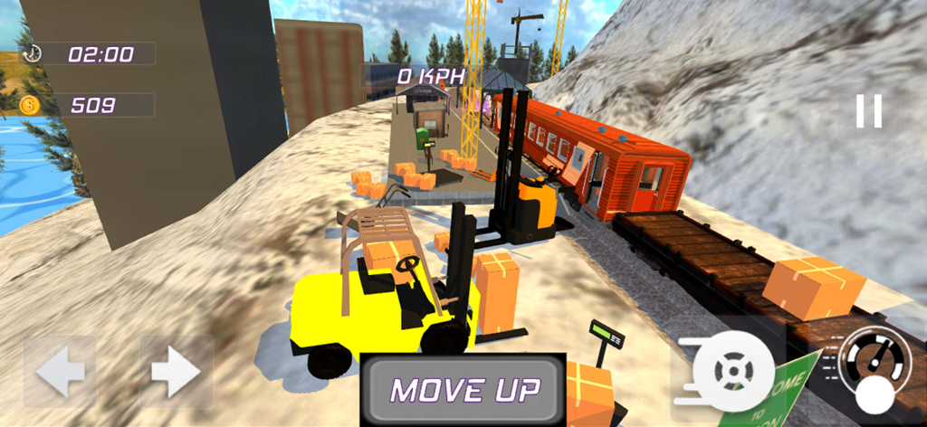 Cargo Train Simulator Ultimate - A yellow forklift loading cargo boxes at a mountain train station