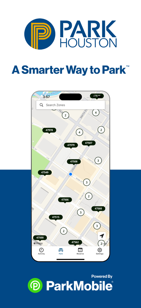 ParkHouston - ParkHouston app interface showing a map of city parking zones and search feature