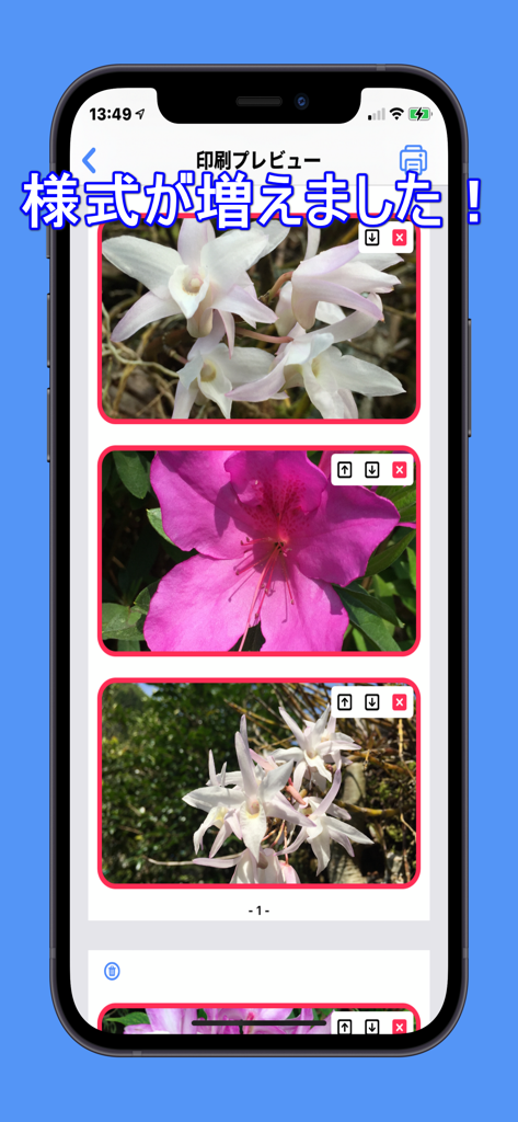 フォトブック作成アプリ内で縦写真レイアウトのプレビューを表示するiPhone画面。