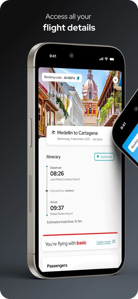 avianca - Interfaz de la app Avianca mostrando el itinerario de vuelo de Medellín a Cartagena con estado de reserva y horarios de vuelo.