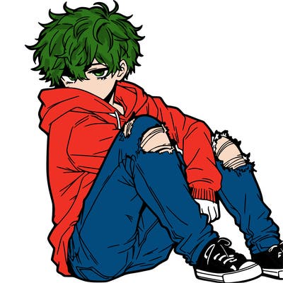 a male hoddie ripped jeans messy hair anime