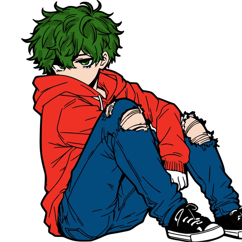 a male hoddie ripped jeans messy hair anime