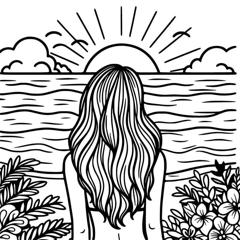 girl with long hair and a bathing suit facing the ocean and sunset