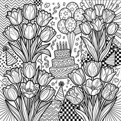 Unleash your creativity with this festive Pop Art coloring page featuring elegant tulips amidst a lively birthday celebration. With bold lines and dynamic patterns, it's perfect for adding a burst of color to any special day.
