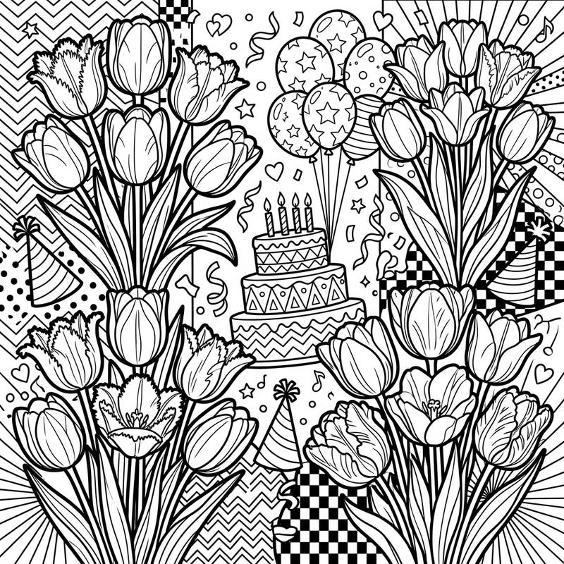 Unleash your creativity with this festive Pop Art coloring page featuring elegant tulips amidst a lively birthday celebration. With bold lines and dynamic patterns, it's perfect for adding a burst of color to any special day.