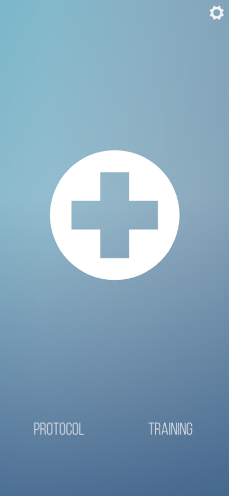 UN Buddy First Aid app home screen showing medical cross icon and menu for protocol and training