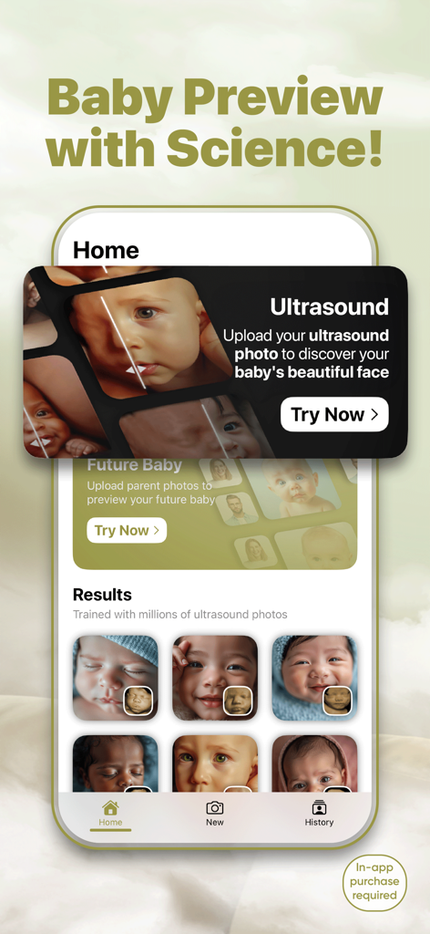 Ultrasound to Photo AI - Pantalla de la aplicación que muestra predicciones de rostros de bebés a partir de ecografías y fotos de los padres