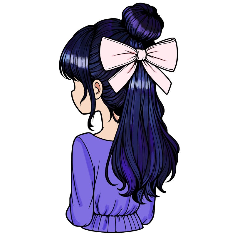 realistic girl  with hip length hair a bun and a big bow on the back of head