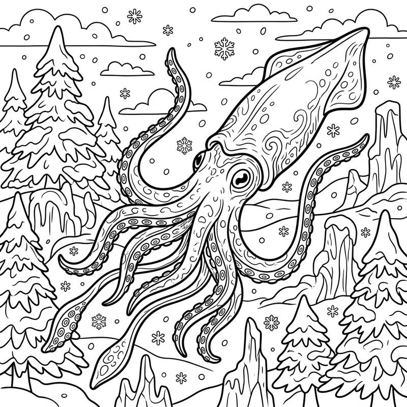 Unleash your creativity with this incredible coloring page featuring a colossal squid exploring a magical winter landscape. Discover the unique blend of deep-sea mystery and frosty charm, perfect for a relaxing coloring session.