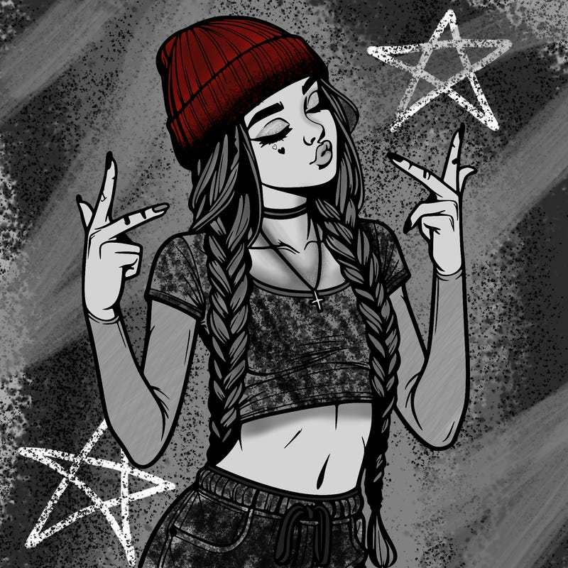 realistic teenage girl with braids and a beanie and crop top doing 🫶🏼
