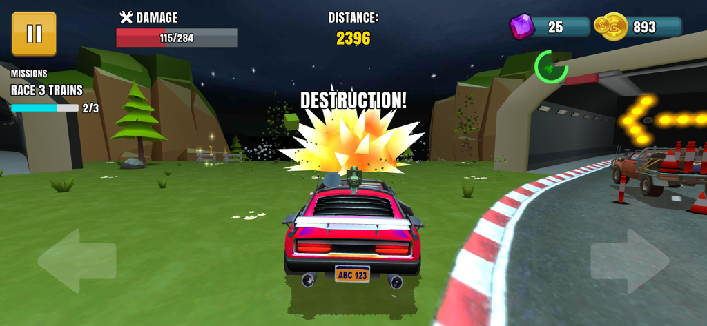 Faily Brakes 2 - A pink car in Faily Brakes 2 triggers a large explosion labeled Destruction
