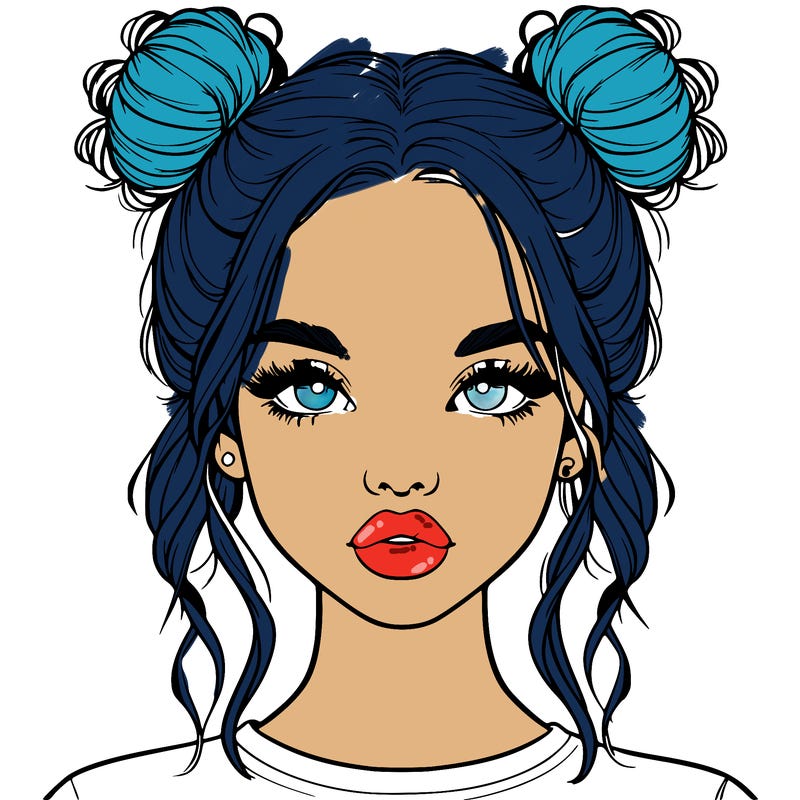 realistic girl with two buns in hair and lips