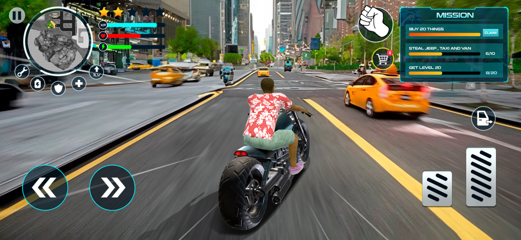 GT Vegas Crime City Simulator - Un personaje montando una motocicleta por una calle de la ciudad en un juego simulador de crimen de mundo abierto
