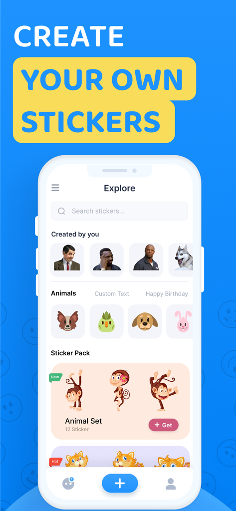 Sticky - Make Custom Stickers - The Sticky app interface showing various custom meme and animal stickers with the text Create your own stickers