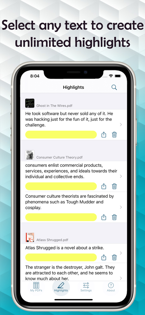 Text to Speech PDF Reader - アプリ内のさまざまなPDF文書から保存されたテキストハイライトを表示するiPhone画面