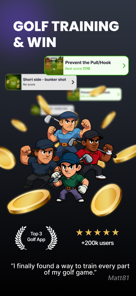 Pro Golf Training - Four cartoon golf characters surrounded by falling gold coins and practice drill cards.