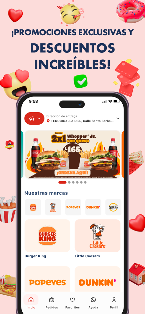 Yuuju - Cada minuto cuenta - Yuuju mobile app interface showing food delivery promotions and popular brand logos
