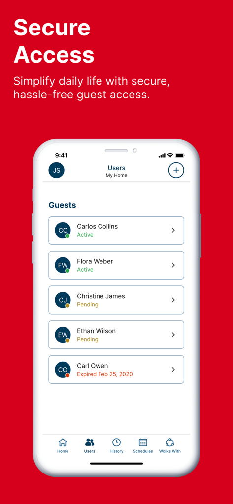 CRAFTSMAN myQ Garage Access - A mobile interface for the CRAFTSMAN myQ app showing a list of guest users with active and pending status for home access control.