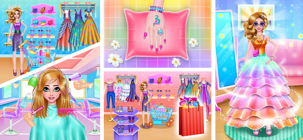 Collage que muestra funciones del juego como compras de ropa, un cambio de imagen en el spa y vestirse con un vestido arcoíris