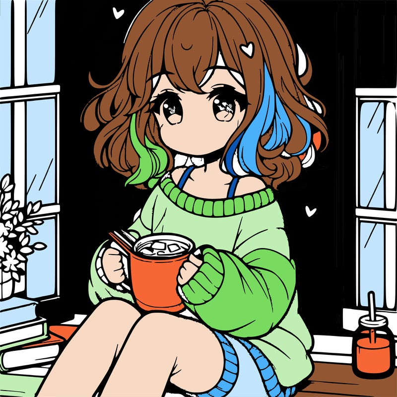 cute anime girl reading book and drinking hot chocolate from mug with loose wavy hair wearing a baggy sweatshirt and shorts sitting by windowsill looking out