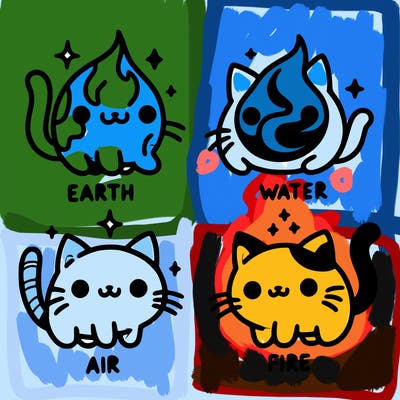4 cats that represent the different elements, earth, water, air, and fire