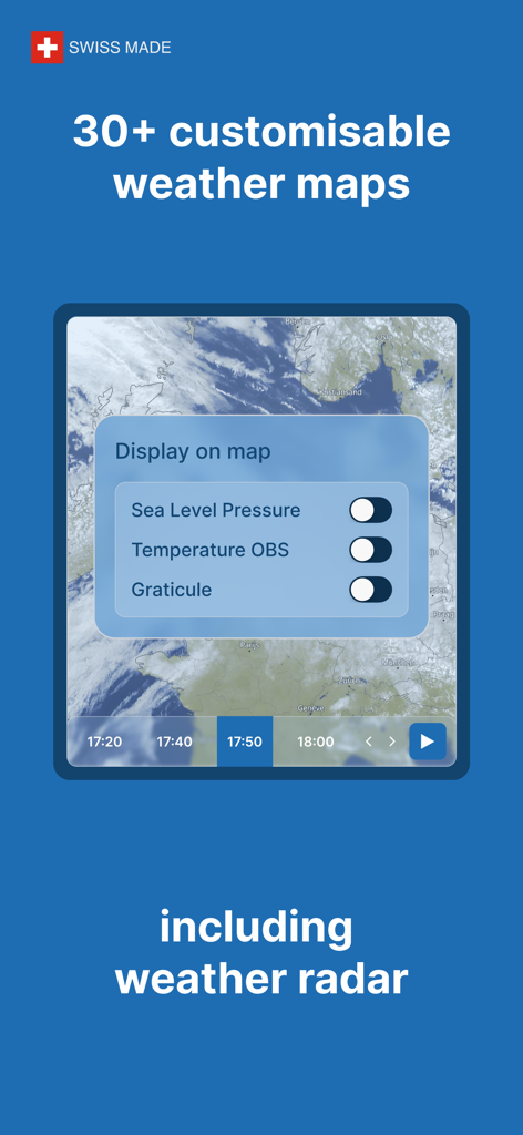 meteoblue weather & maps - Oberfläche zeigt anpassbare Wetterkarten und Radar in der meteoblue App
