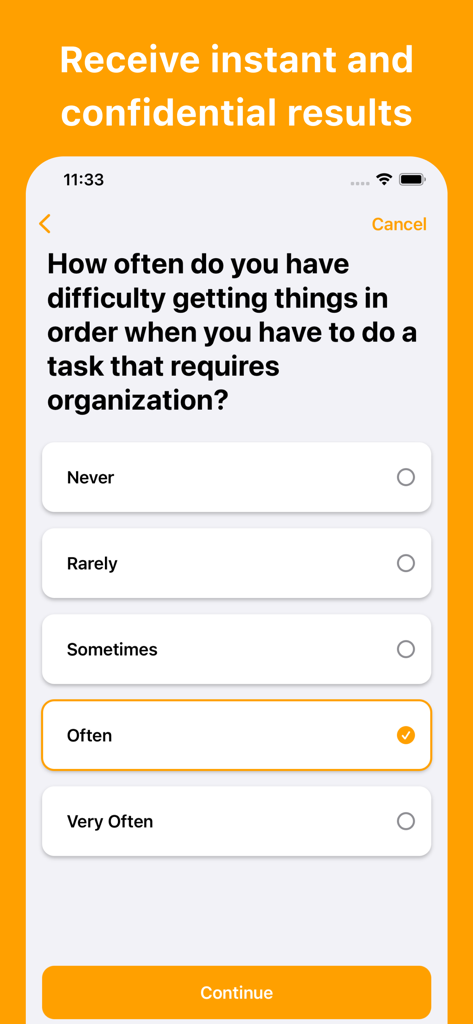 Uno screenshot dell'app ADHD Test che mostra una domanda a scelta multipla sulla difficoltà nell'organizzazione dei compiti e nelle funzioni esecutive.